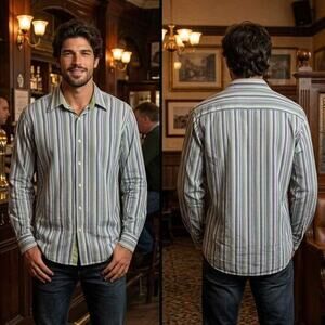 Claiborne Axcess Green Blue Striped Button Up Long Sleeve Shirt Men's XL 46-48
